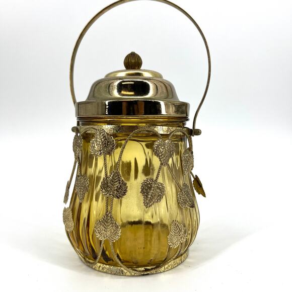 VTG Amber Glass Biscuit Jar Music Box Lid plays Love Story Metal Leaf Overlay - Picture 1 of 7